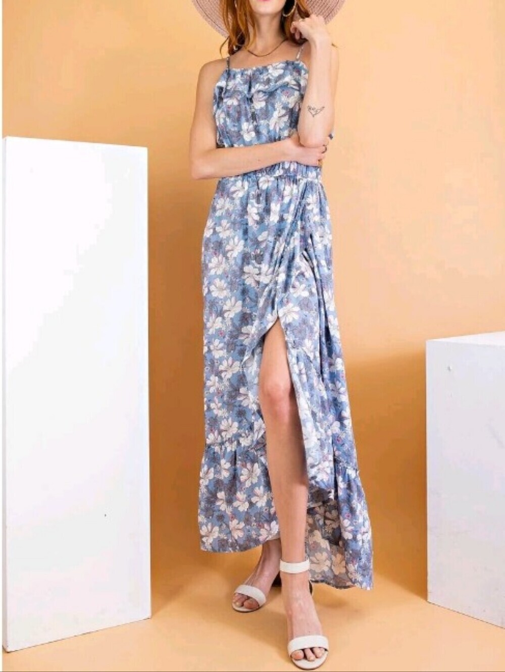 easel Blue Floral Ruffle Maxi Dress